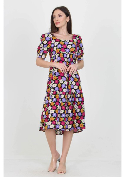 Kadın Lila Kare Yaka Eteği Fırfırlı Çiçek Desenli Viskon Elbise NB10026 fırsatları