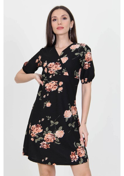 Kadın Siyah Kruvaze Yaka Örme Krep Mini Elbise NB100221 fırsatları