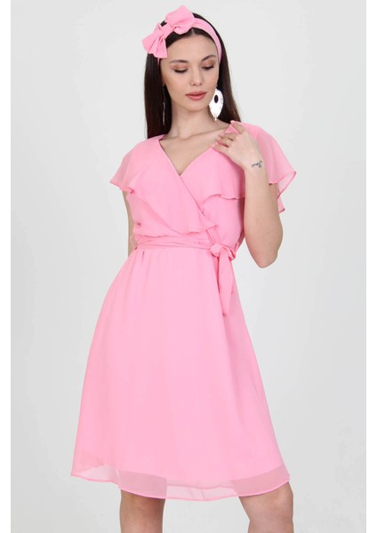 Kadın Kruvaze Yaka Bağlama Detaylı Yeni Sezon Şifon Elbise NB8081