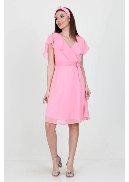 Kadın Kruvaze Yaka Bağlama Detaylı Yeni Sezon Şifon Elbise NB8081 fırsatları