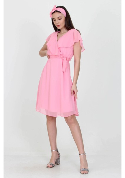 Kadın Kruvaze Yaka Bağlama Detaylı Yeni Sezon Şifon Elbise NB8081 indirimleri