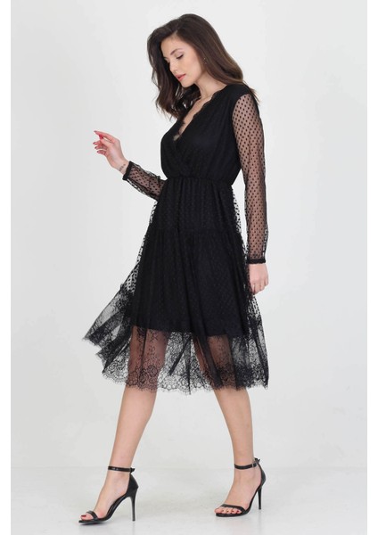 Neseli Butik Kruvaze Yaka Eteği Güpür Detaylı Yeni Sezon Elbise NB0010