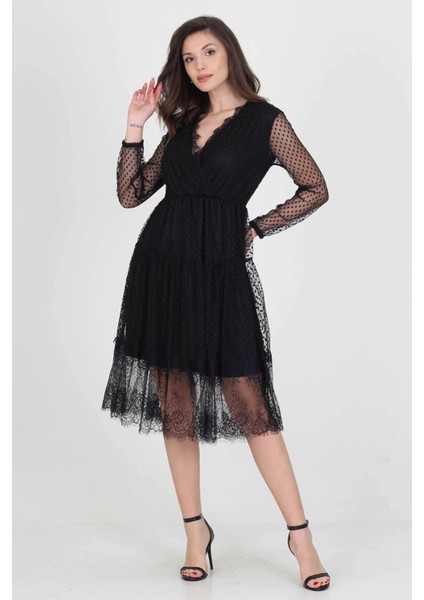 Neseli Butik Kruvaze Yaka Eteği Güpür Detaylı Yeni Sezon Elbise NB0010