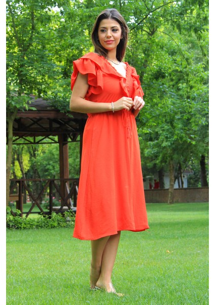 Kadın Turuncu Yaka ve Kolları Fırfırlı Bağlama Detaylı Ayrobin Elbise NB10050 fiyatları