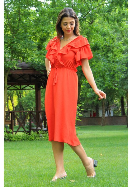 Kadın Turuncu Yaka ve Kolları Fırfırlı Bağlama Detaylı Ayrobin Elbise NB10050 modelleri