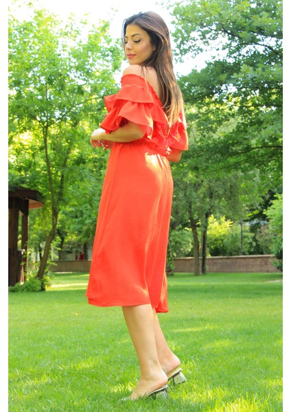 Kadın Turuncu Yaka ve Kolları Fırfırlı Bağlama Detaylı Ayrobin Elbise NB10050 fırsatları