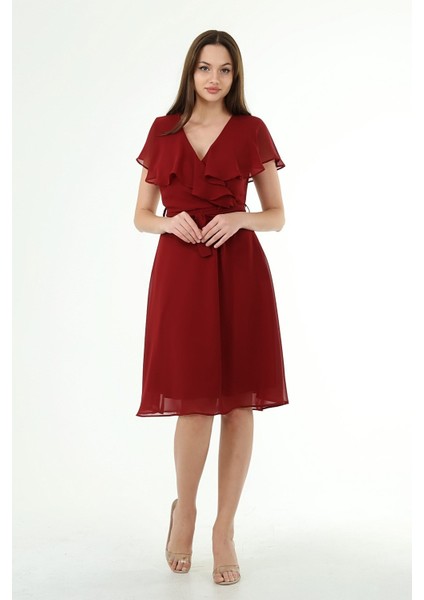 Kadın Kruvaze Yaka Bağlama Detaylı Yeni Sezon Şifon Elbise NB8081 fiyatları