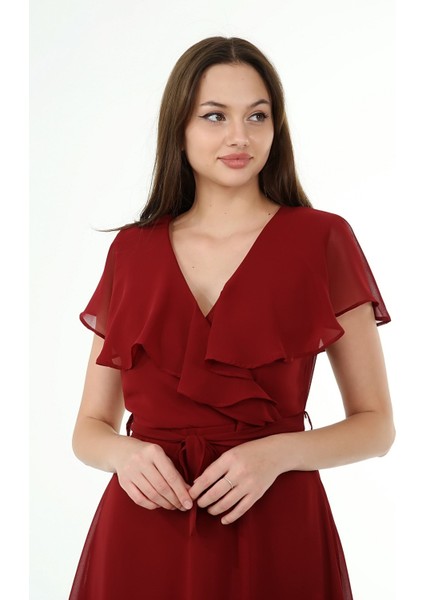 Kadın Kruvaze Yaka Bağlama Detaylı Yeni Sezon Şifon Elbise NB8081 modelleri