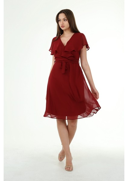 Kadın Kruvaze Yaka Bağlama Detaylı Yeni Sezon Şifon Elbise NB8081 indirimleri