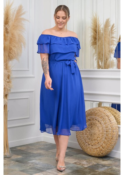 Kadın Madonna Yaka Büyük Beden Şifon Elbise NB8061