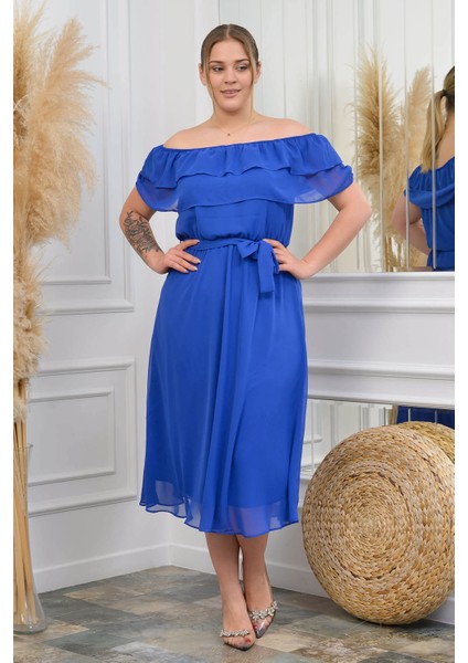 Kadın Madonna Yaka Büyük Beden Şifon Elbise NB8061 modelleri