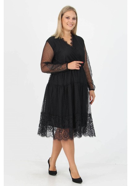 Kadın Yeni Sezon Tül Detaylı Kruvaze Yaka Büyük Beden Elbise APCX14
