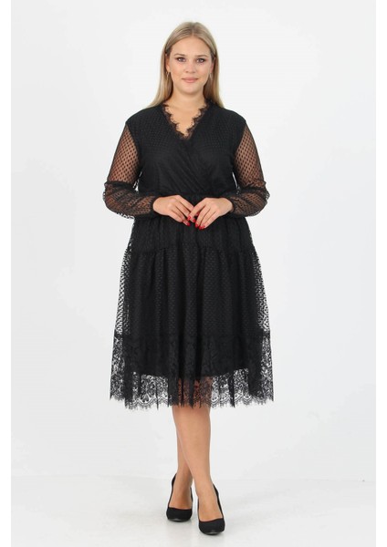 Kadın Yeni Sezon Tül Detaylı Kruvaze Yaka Büyük Beden Elbise APCX14 fiyatları