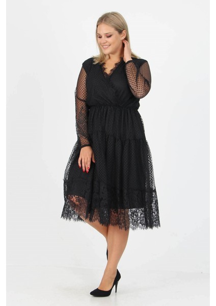 Kadın Yeni Sezon Tül Detaylı Kruvaze Yaka Büyük Beden Elbise APCX14 modelleri