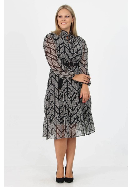 Kadın Gipeli Yakası Bağlama Detaylı Midi Boy Büyük Beden Şifon Elbise APCX17 fiyatları