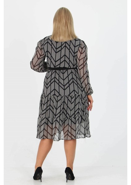 Kadın Gipeli Yakası Bağlama Detaylı Midi Boy Büyük Beden Şifon Elbise APCX17 indirimleri