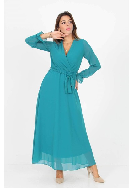 Kadın Kruvaze Yaka Bağlama Detaylı Yeni Sezon Uzun Şifon Elbise KTS003