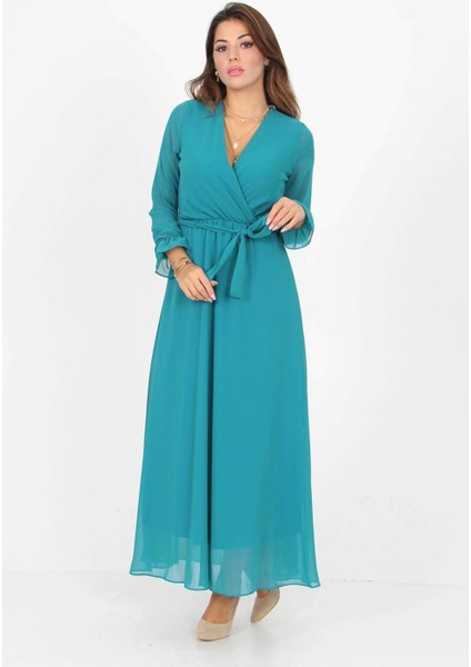 Kadın Kruvaze Yaka Bağlama Detaylı Yeni Sezon Uzun Şifon Elbise KTS003 modelleri