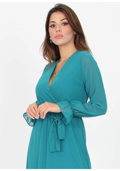 Kadın Kruvaze Yaka Bağlama Detaylı Yeni Sezon Uzun Şifon Elbise KTS003 fırsatları