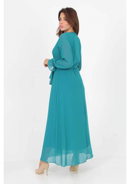 Kadın Kruvaze Yaka Bağlama Detaylı Yeni Sezon Uzun Şifon Elbise KTS003 indirimleri