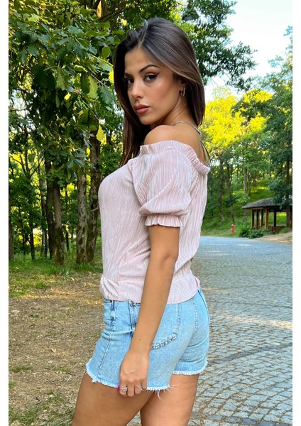 Kadın Yeni Sezon Carmen Yaka Fitilli Bluz NB10048 modelleri