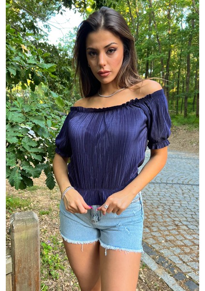 Kadın Yeni Sezon Carmen Yaka Fitilli Bluz NB10048