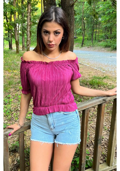 Kadın Mürdüm Yeni Sezon Madonna Yaka Fitilli Bluz NB10048