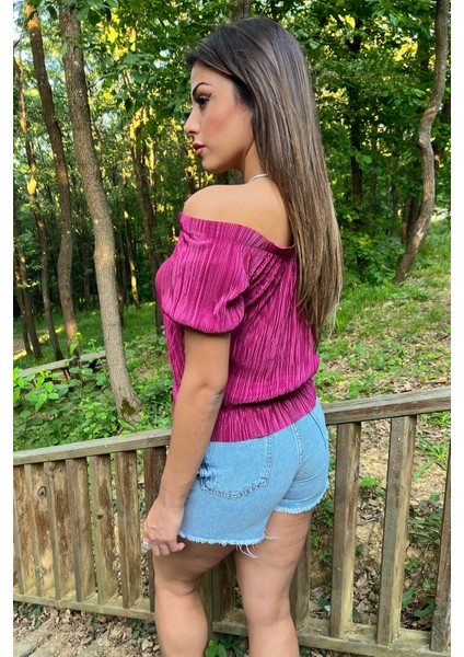 Kadın Mürdüm Yeni Sezon Madonna Yaka Fitilli Bluz NB10048 modelleri