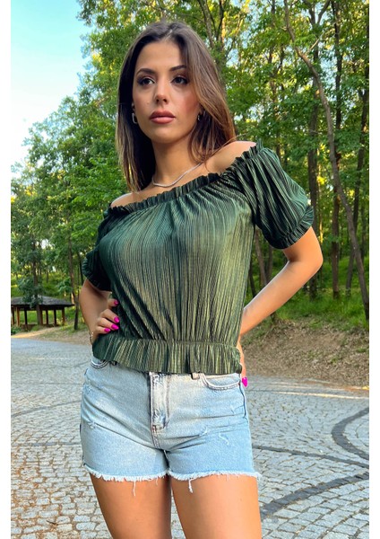 Kadın Haki Yeni Sezon Carmen Yaka Fitilli Bluz NB10048