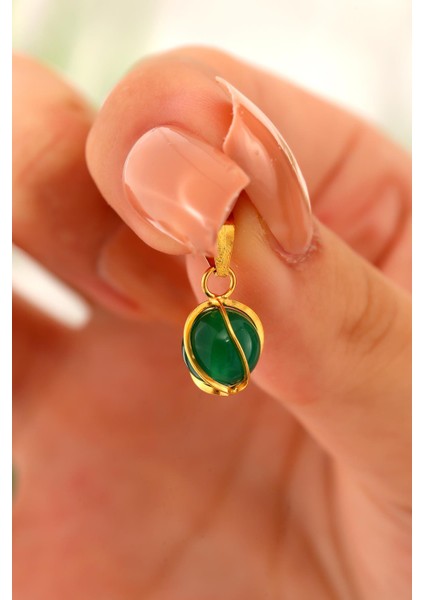 14 Ayar Altın Yeşil Akik Kafesli Kolye Ucu