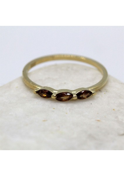Tria Altın Yüzük - 14 Ayar Altın Tria Mekik Smoky Quartz Taşlı Minimal Kadın Yüzük - Eşe Hediyelik