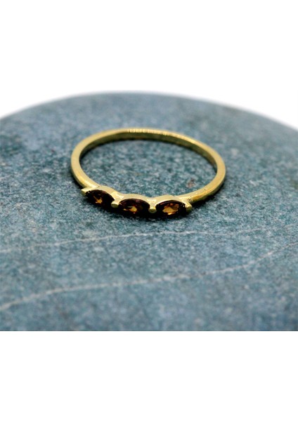 Tria Altın Yüzük - 14 Ayar Altın Tria Mekik Smoky Quartz Taşlı Minimal Kadın Yüzük - Eşe Hediyelik fırsatları