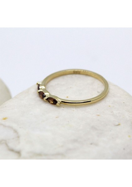 Tria Altın Yüzük - 14 Ayar Altın Tria Mekik Smoky Quartz Taşlı Minimal Kadın Yüzük - Eşe Hediyelik indirimleri