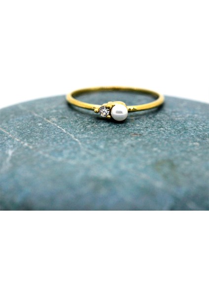 Beyaz İnci Minimal Pırlanta (Signity) Taşlı Hediye 925 Ayar Gümüş Yüzük-İncili Gümüş Tek Taş Yüzük