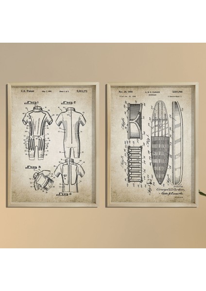 Doğal Çam Çerçeveli Duvar Tablosu Antik Surf Tahtası Tasarım Seti 1950