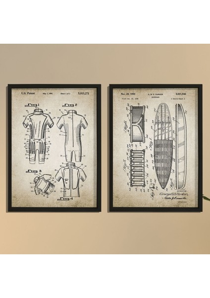 Doğal Çam Çerçeveli Duvar Tablosu Antik Surf Tahtası Tasarım Seti 1950