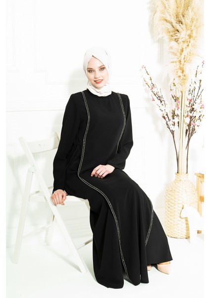 Taş Şeritli Siyah Tesettür Elbise 5288