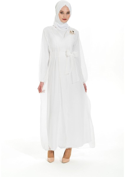 Organze Kuşaklı Tesettür Beyaz Abaya Takım 3433 modelleri