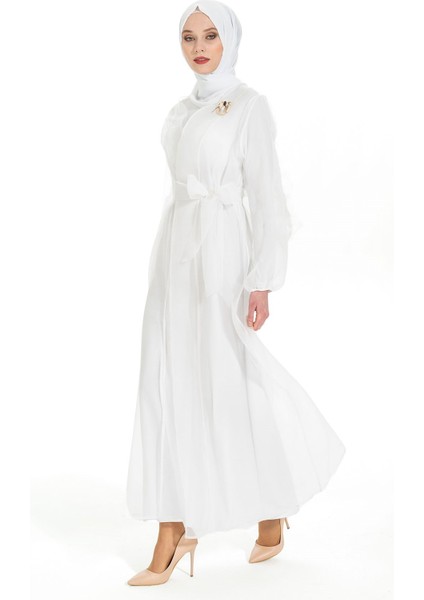Organze Kuşaklı Tesettür Beyaz Abaya Takım 3433 fırsatları