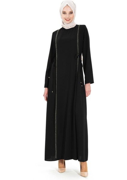 Taş Şeritli Siyah Tesettür Elbise 5288