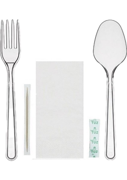 Tekli Ambalajlı Plastik Lüks Kullan At Kaşık, Çatal, Peçete, Kürdan, Tuz 5 Li Yemek Seti