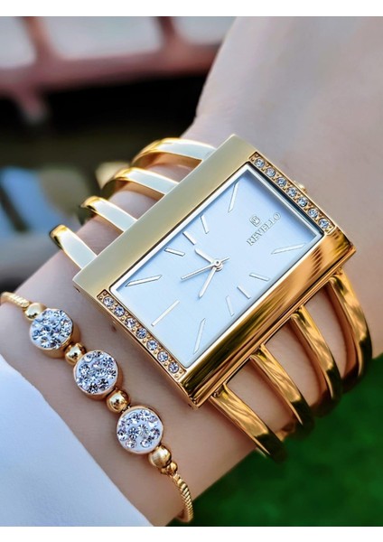 Çelik Swarovski Taşlı Özel Altın Kaplama Elite Modeli 30 mt Su Geçirmez+Bileklik Lady Wristwatch RES.170091-A