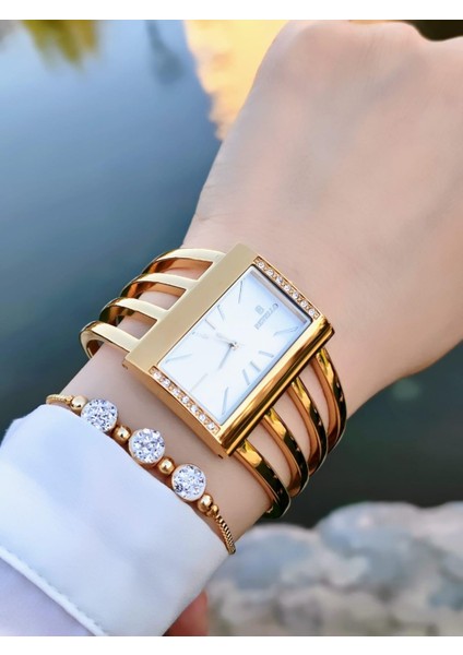 Çelik Swarovski Taşlı Özel Altın Kaplama Elite Modeli 30 mt Su Geçirmez+Bileklik Lady Wristwatch RES.170091-A modelleri