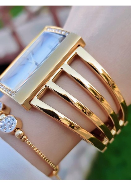 Çelik Swarovski Taşlı Özel Altın Kaplama Elite Modeli 30 mt Su Geçirmez+Bileklik Lady Wristwatch RES.170091-A fırsatları