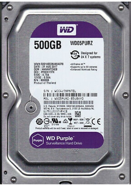 Wd Purple 05PURZ 500 GB 3.5" 5400 Rpm HDD Güvenlik Diski Western Digital 500GB 05PURZ