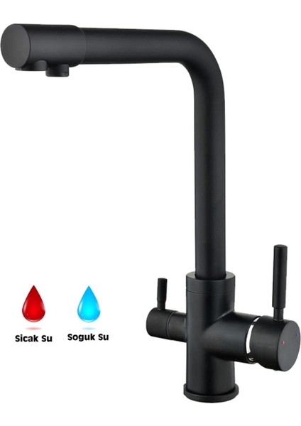 Çift Su Girişli Pirinç Siyah Lüks Arıtmalı Mutfak Bataryası Lavabo Bataryası Su Tasarruflu