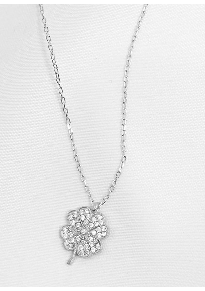 Zirkon Taşlı Yonca Yaprak Gümüş Kolye (Silver)