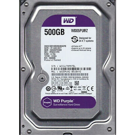 Wd Purple 05PURZ 500 GB 3.5 5400 Rpm HDD Güvenlik Diski Western Digital 500GB WD05PURZ