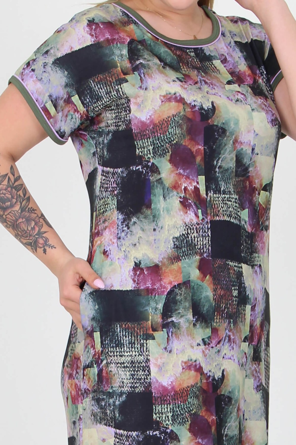 Neşeli Butik Kadın Yeni Sezon Desenli Midi Boy Büyük Beden Viskon Elbise AYSL19 görsel 5