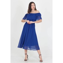 Neşeli Butik Kadın Saks Mavisi Madonna Yaka Bağlama Detaylı Şifon Elbise RY8060